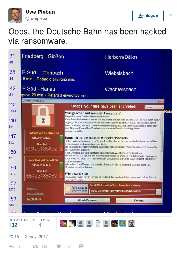 Algunos usuarios tomaron fotos de la aparición del Ransomware WannaCry en las pantallas de Deutsche Bahn.