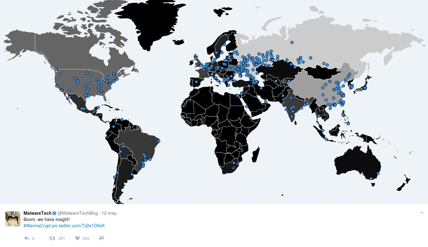 Map of the countries infected by WannaCry. Tweet of @MalwareTechBlog, the person who stopped the virus.